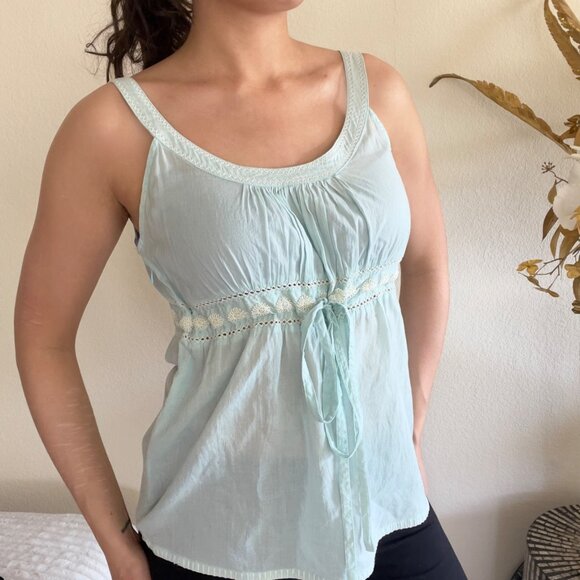 Old Navy Tops - Old Navy Baby Blue Y2K Babydoll Embroidered Front-Tie Top